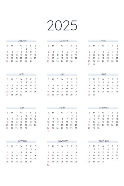 2025年日历模板在经典的严格风格。每月日历，个人时间表，极简限制设计的商务笔记本。星期从星期日开始
