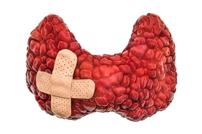 带绷带的人类甲状腺。治疗甲状腺概念，3D渲染孤立白底