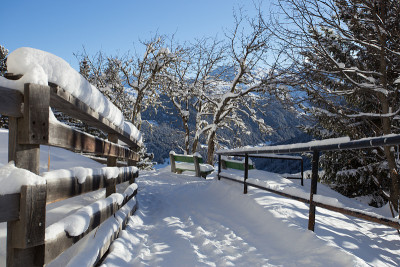 美丽的冬季雪景在达沃斯，瑞士。雪覆盖了桥