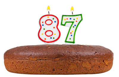生日蛋糕与蜡烛数87孤立在白色