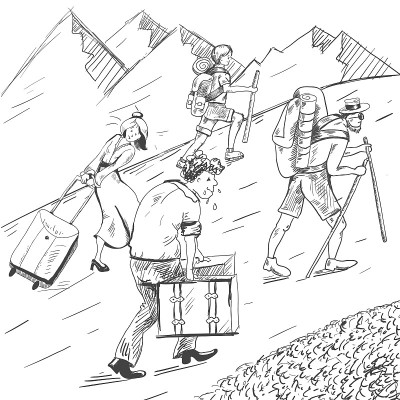 漫画。疲惫的旅行者爬山。游客跟随导游。
