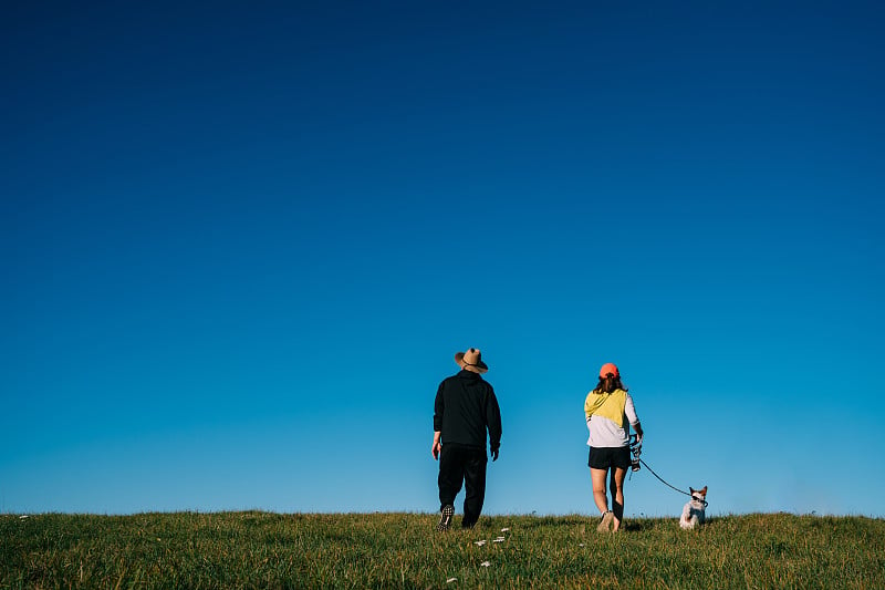 在新西兰的Oamaru公园里，年轻迷人的年轻人带着一只狗散步。