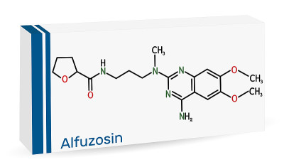 Alfuzosin分子。它是一种抗肿瘤药，一种抗高血压药，一种α -肾上腺素能拮抗剂。骨化学公式。纸