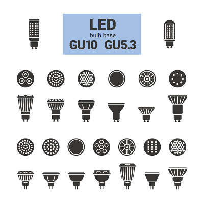 LED灯GU10灯泡矢量剪影图标设置