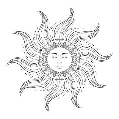 白底人面太阳，复古神秘符号艺术。矢量图