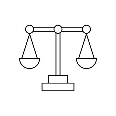 正义刻度线图标。判断尺度的信号。法律法律的象征。线性风格的正义尺度图标。