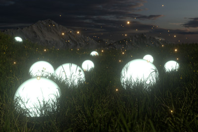 草地上发光的魔术球，3d渲染。