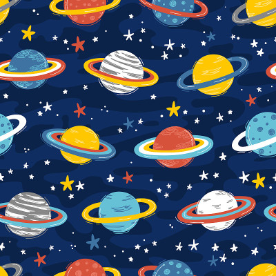 行星和恒星的空间无缝模式。可爱的卡通土星。空间矢量深蓝色背景的孩子
