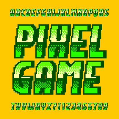 Pixel Game alphabet font. Digital gradient letters