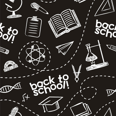 回到学校的无缝模式手绘学校元素的粉笔风格。