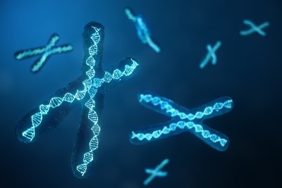 3D插图x染色体与携带遗传密码的DNA。遗传学概念，医学概念。未来,基因突变。在生物层面改变遗传密码