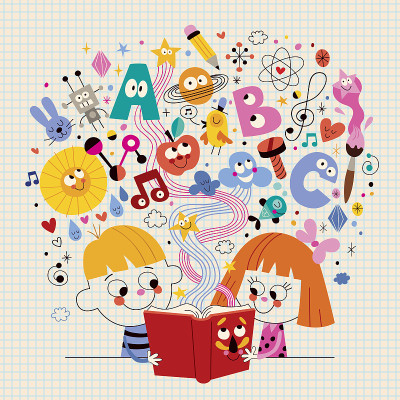男孩和女孩阅读书籍教育概念插图