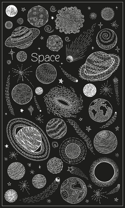 空间涂鸦集。手绘太空行星。