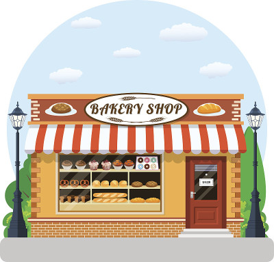 面包店店面前视图平面图标。
