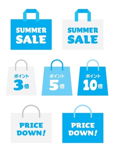 夏季特卖的蓝色纸袋插图一套。