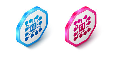 等距神经网络图标隔离在白色背景。人工智能AI。六角按钮。向量