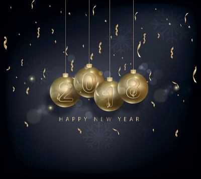 2018年新年快乐，金色背景和狗