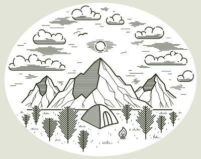 露营帐篷在山脉和松林的矢量线性插图孤立在白色，假期和假期在树林的线条艺术，设计漫游癖绘画。