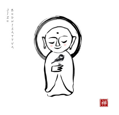 吉佐菩萨和他手上的小鸟。传统的日本水墨画。小佛水墨画。象形文字-禅宗的翻译