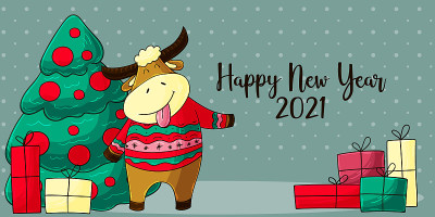 2021新年快乐儿童插画。中国新年牛年2021年