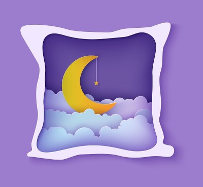 夜晚的天空云框像枕头，绳子上有金色的星星和剪纸风格的月亮。剪出3d背景与新月和多云的景观剪纸艺术。晚