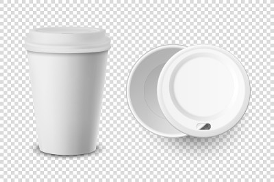 矢量3d现实一次性打开和关闭的盖子纸，塑料咖啡杯的饮料图标设置特写孤立在透明的背景。设计模板模型。顶