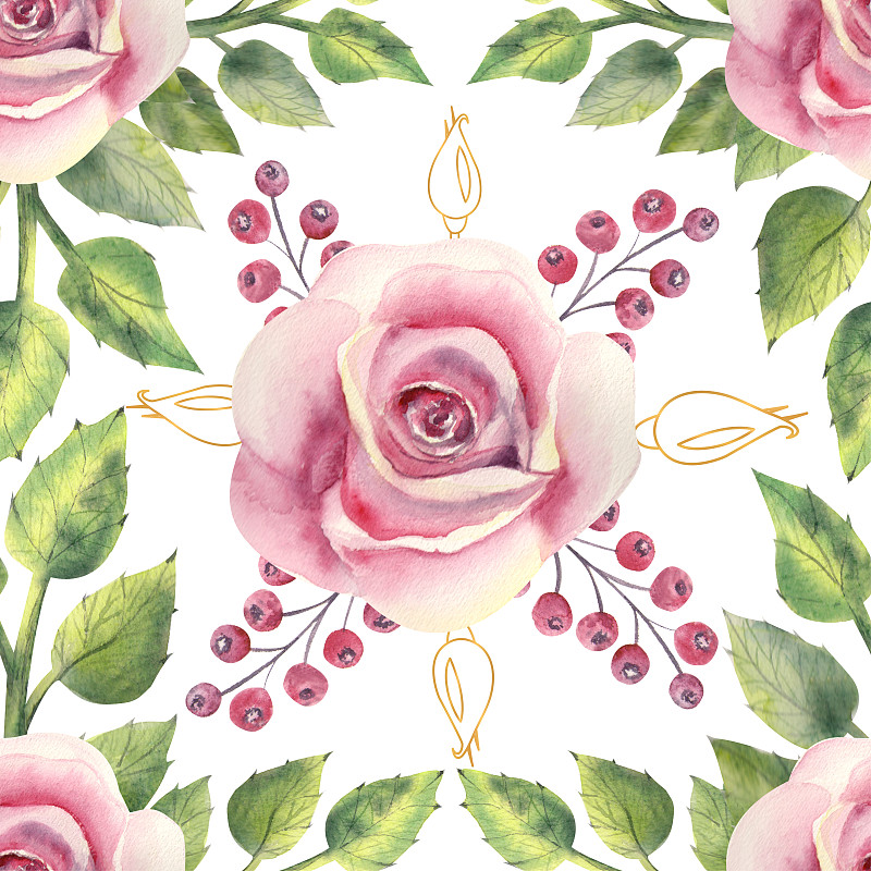 Seamless pattern. Pink rose flower, green leaves, 