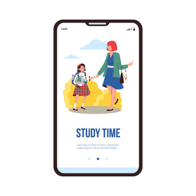 学习时间登页与女孩上学，矢量插图。