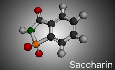 糖精的分子。它是人工甜味剂、甜味剂、外来生物和环境污染物。分子模型。三维渲染