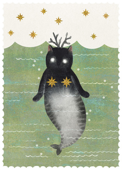 水彩画猫美人鱼和海