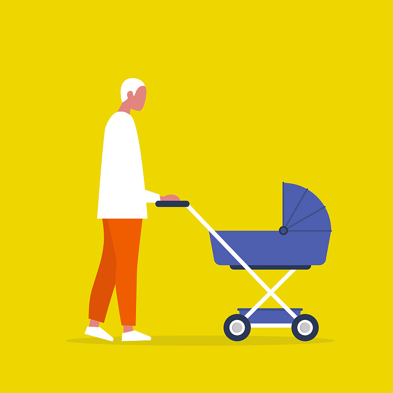 Baby carriage. Pram. Young male character walking 
