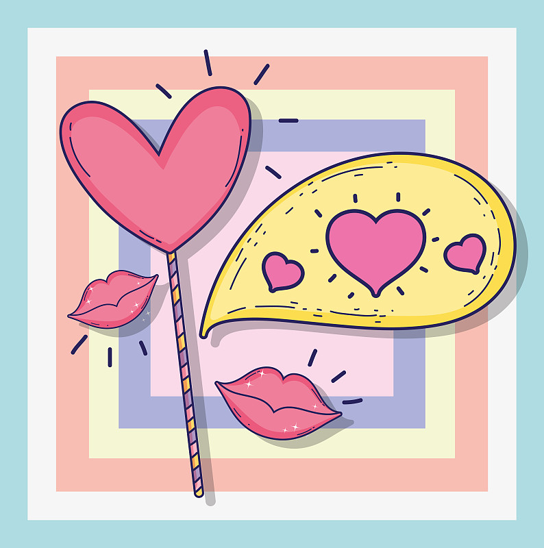 hearts and chat bubble with love message and mouth