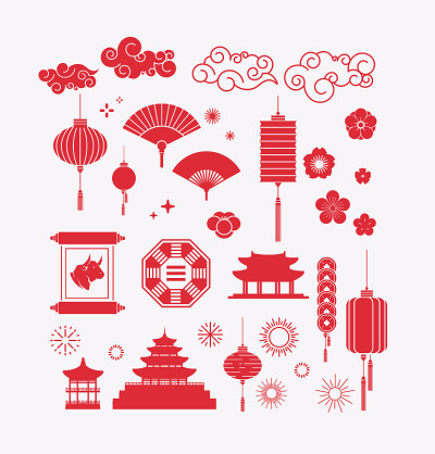 亚洲元素的装饰收集灯笼装饰品在中国和日本风格的贺卡