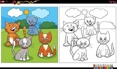 卡通猫和小猫群涂色书页