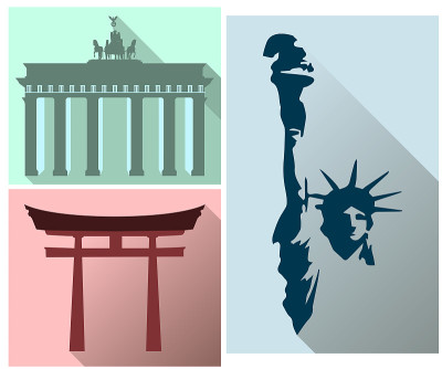 设置不同国家的景点和标志。自由女神像。勃兰登堡门。日本门。平的图标集。