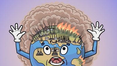 人类的工业活动正在毁灭地球。卡通绘画。