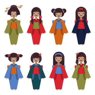 矢量收集的女孩在和服