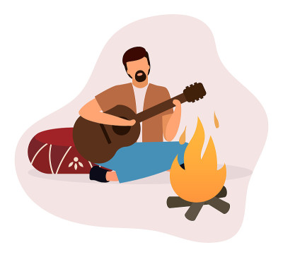 Man playing guitar near bonfire illustration