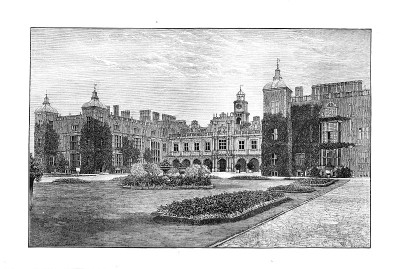 英国赫特福德哈特菲尔德住宅南侧的维多利亚黑白版画;英语画报杂志1892年