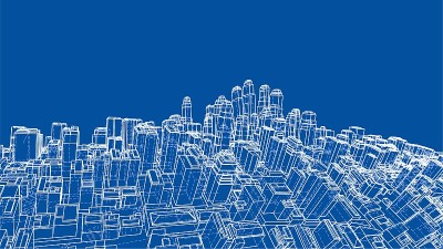 线框扭曲城市，蓝图风格。向量