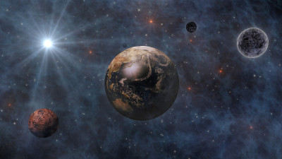 行星地球，太阳，月球和行星在空间3D渲染