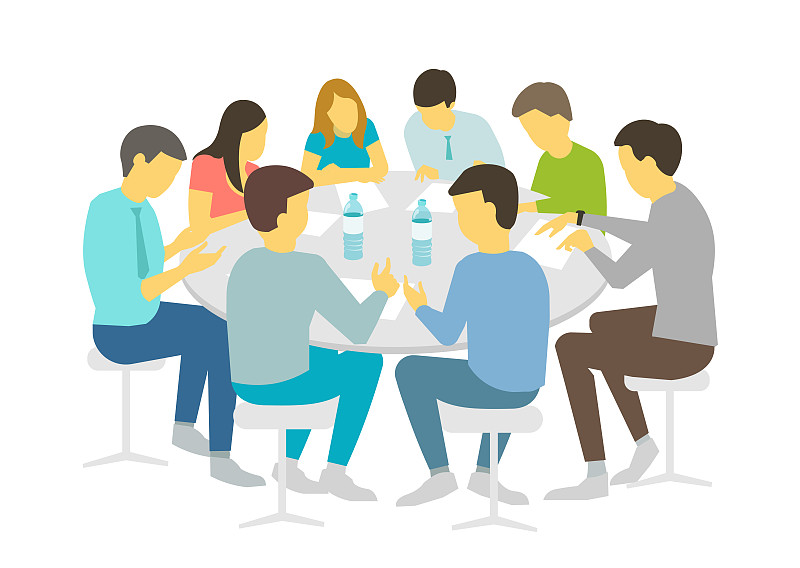 圆桌会谈，头脑风暴。团队商务人员会议8人。白色背景stock插图矢量复习课程