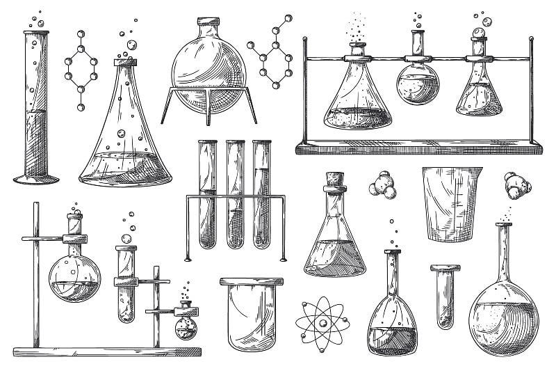 一套不同的药瓶，烧杯和试管。化学实验室物体的草图。发现和化学符号。