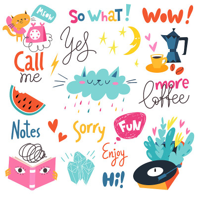Stickers and labels with funny trendy elements, si