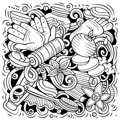 按摩手绘矢量涂鸦插图。Spa沙龙设计。