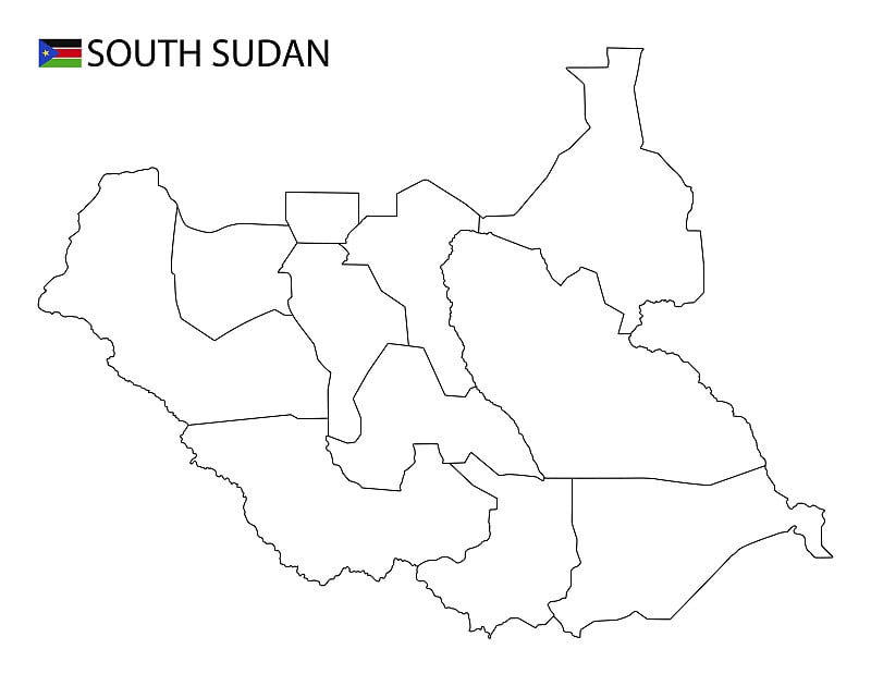 南苏丹地图，黑白详细勾勒出该国各地区。