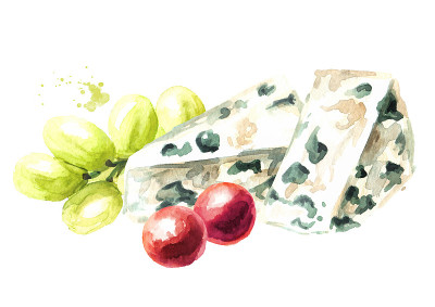 蓝霉意大利，法国奶酪和葡萄。手绘水彩插图，孤立的白色背景