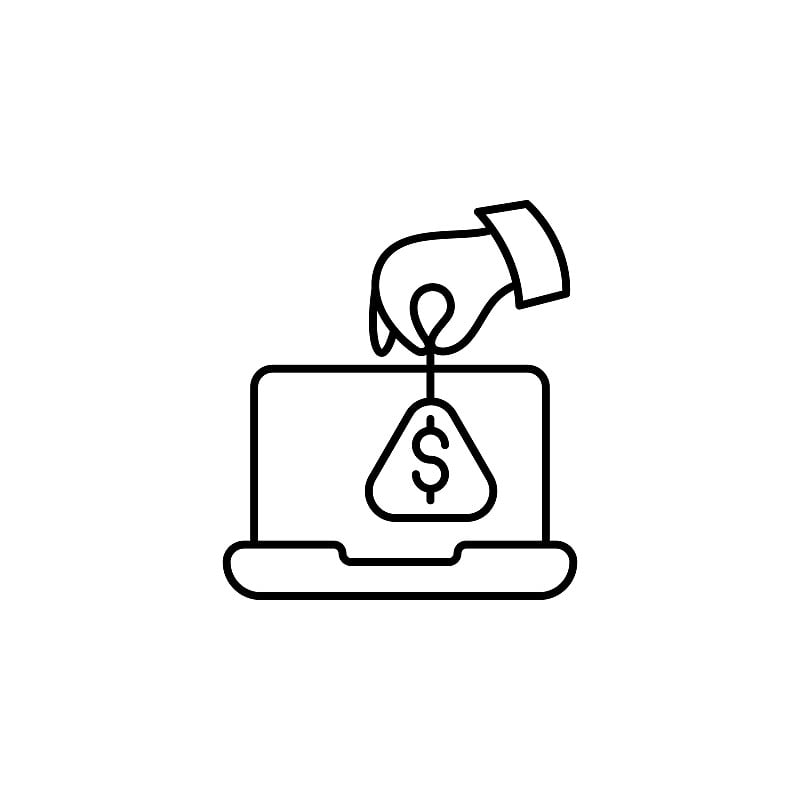 laptop, dollar, bag, arm icon. Simple thin line, o