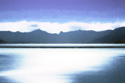 挪威的海洋和地平线上的山脉绘画背景