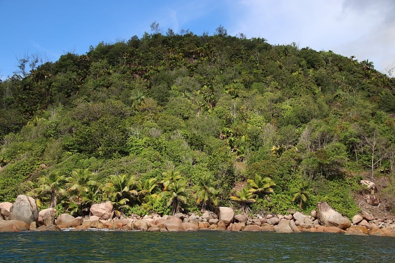 红色花岗岩岩石靠近海滩安塞拉齐奥，Praslin岛，塞舌尔，印度洋，非洲